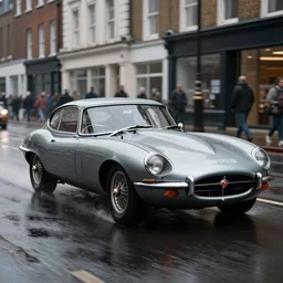 street photography in a wet london high quality street, award winning photo of an ultra detailed dirty high quality!! jaguar e - type!! car speeding very fast on water, fast shutter speed, motion blur, tiny gaussian blur, highly detailed, highly intricate, depth of field, trending on top gear
