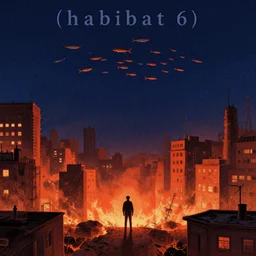 city overgrowth on fire + a lone man + school of fish flying in the sky + (((habitat 67))), Mads Berg, Karolis Strautniekas, film noir, finely stippled light, dramatic lighting,editorial illustration, detailed,fine texture, matte print, dark blue + dark orange, red, black, extreme perspective