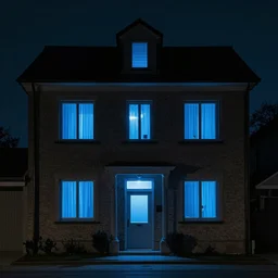 a house with no doors and glowing blue windows