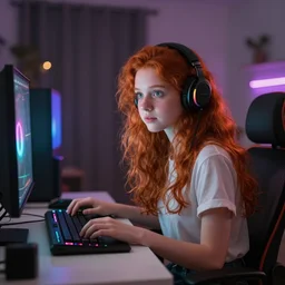 cute young redhead girl sitting at her desk in bedroom, gaming pc, rgb led, soft round face, dslr, wlop, ultra realistic, perfect lighting, high contrast, illustration, bokeh, sharp details, hasselblad, detailed, trending on artstation