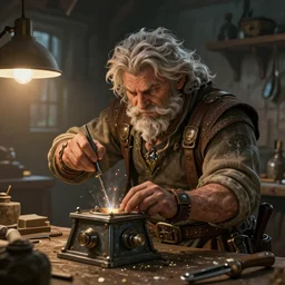An epic fantasy comic book style portrait painting of a an old tinker fat man working on a device in her workshop, unreal 5, DAZ, hyperrealistic, octane render, cosplay, RPG portrait, dynamic lighting