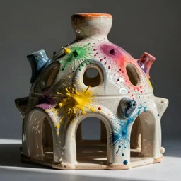generative design ceramic structure with bright colour spray paint splatters all over it