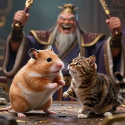 hamster fights a cat in mortal kombat on the background of a laughing shao khan. fantasy magic style. highly detailed 8 k. intricate. lifelike. soft light. sony a 7 r iv 5 5 mm. unreal engine with nanite and path tracing