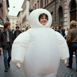 an ample woman dressed as a squishy inflatable toy, from behind, smiley passersby, on the streets of rome, film still, fellini 1977 technicolor