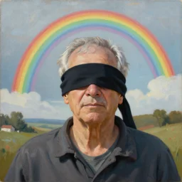 A painting of a blindfolded old man, with a distant rainbow hanging over his head