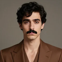 a portrait of a young modern french man in a brown suit, with short black wavy hair, brown eyes, long lashes and black retro mustache, sad eyes, artstation, ilya kuvshinov and geoffrooy thoorens and ayami kojima