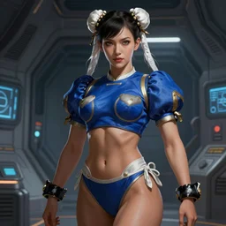 portrait of a beautiful female chun - li in a spaceport, d & d, fantasy, intricate, muscular, highly detailed, digital painting, artstation, concept art, smooth, sharp focus, illustration, art by simon bisley and greg rutkowski and alphonse mucha, t - pose, 8 k