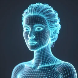 beautiful woman portrait made from neon digital wire frame, polymesh, polygroups, maya, zbrush, high poly 3 d glowing wireframe models, wire frame, ultra realistic, dramatic contrast lighting, intricate details, holographic artifacts, surreal landscape of geometric shapes, hexagons, tesseract, highly detailed by peter mohrbacher, boris vallejo, hajime sorayama, wayne barlowe, paolo eleuteri serpieri