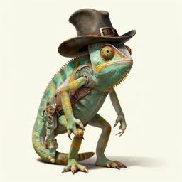 a anthropomorphic chameleon wearing a 10-gallon hat, full body portrait, wide angle, D&D, fantasy, intricate, elegant, highly detailed, digital painting, artstation, concept art, matte, sharp focus, illustration, hearthstone, art by Artgerm and Greg Rutkowski and Alphonse Mucha