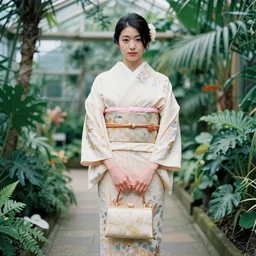 fashion full-length photograph of a beautiful Japanese woman wearing a traditional kimono in an tropical greenhouse, by Annie Leibowitz, extremely detailed, large format camera, Fuji Provia film, 85mm lens, bokeh blurred background, photorealistic, trending on instagram, trending on artstation