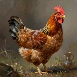 A detailed and realistic painting of a chicken, with 8k resolution, in the artistic style of fantasy art