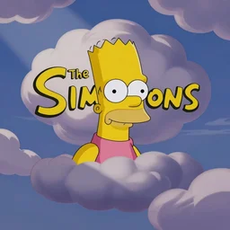 The Simpsons logo coming through the clouds, text says 'The Simpsons', in the style of The Simpsons
