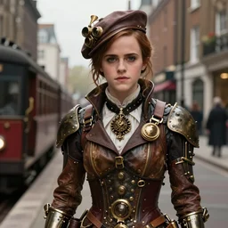 Emma Watson as a steampunk train driver, in a Victorian London street, head and upper half of body in frame, steampunk digital art, trending on ArtStation