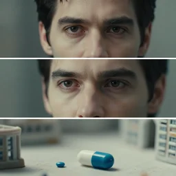 beautiful three point perspective film still of neo blue pill scene in matrix, extreme closeup portrait in style of frontiers in miniature porcelain photography fashion architectural art studio seinen manga edition, miniature porcelain portrait, eye contact, tilt shift style scene background, soft lighting, kodak portra 4 0 0, 8 k, macro, cinematic style by emmanuel lubezki