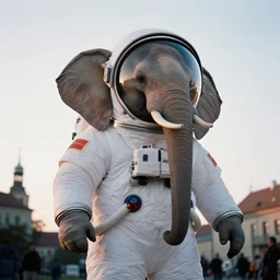 shot on 8 mm film soft, giant elephant wearing white custom made american spacesuit with oversized giant helmet as astronaut animal, in legnica, sunrise, by vhs camcoder