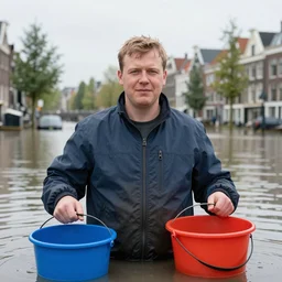 closeup potrait of Dutch people with buckets in a flood in Amsterdam, photograph, natural light, sharp, detailed face, magazine, press, photo, Steve McCurry, David Lazar, Canon, Nikon, focus