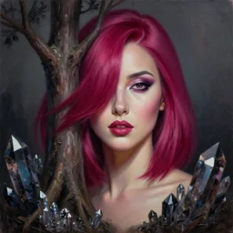a highly detailed oil painting of A beautiful woman, in professional makeup, with medium length magenta hair covering an eye, and a tall tree, and large obsidian crystals, cinematic lighting, dramatic atmosphere, by Dustin Nguyen, Akihiko Yoshida, Greg Tocchini, Greg Rutkowski, Cliff Chiang, 4k resolution, trending on artstation