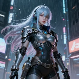 An epic fantastic realism comic book style portrait painting of a female cyber warrior,  tzuyu from twice, dieselpunk armor,  long fluffy hair, porcelain pale skin, cyberpunk color raining tokyo everywhere, Concept world Art,  unreal 5, DAZ, hyperrealistic, octane render, cosplay, RPG portrait, dynamic lighting