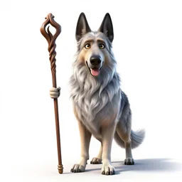 silver-haired shepherd with staff, stylized pixar-style 3d render, full body, standing, isolated on a pure white background, centered, whole figure in frame, sharp focus, studio lighting