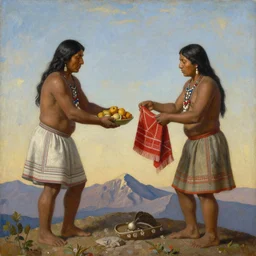 a beautiful painting of two incan people exchanging food and fabrics at the top of a mountain, art by christophe vacher