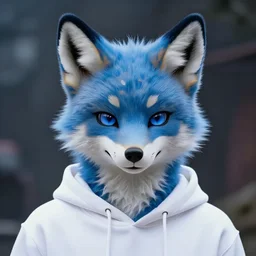 anthropomorphic male blue fox furry fursona with handsome eyes, wearing a white hoodie, dramatic action movie poster, realistic hdr