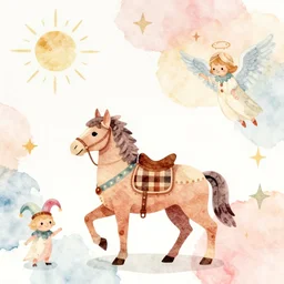scythian, heavenly, pastel cute digital watercolor, soft lighting, warm feelings, burberry pattern, angel jester, astral spell, ancient catholic inspired religious art by hirohiko araki