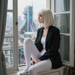 19-year-old Aristocratic platinum-blonde-haired hime-cut blue-eyed French empress wearing white leggings and black jacket, looking out open window, sitting in French apartment, communist city, futuristic city, cyberpunk city, HD photograph