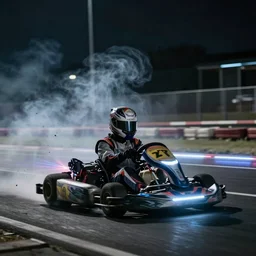 go - kart racer taking a corner at speed on a race track, motion blur, laser, smoke, debris, fast movement, artistic angle, light streaks, dark mood, night time, ultra realistic
