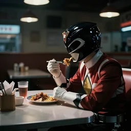Power Rangers film, a scene where the Power Ranger is eating alone in a diner, he is facing the table, dark tones.