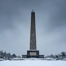 distant obelisk of obsidian stretching to the heavens during a snowstorm
