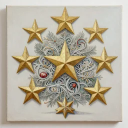 intricate five star christmas - themed by pablo picasso, oil on canvas, hdr, high detail, photo realistic, hyperrealism, matte finish, high contrast, 3 d depth, centered, masterpiece, vivid and vibrant colors, enhanced light effect, enhanced eye detail, artstationhd