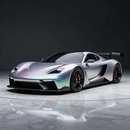 concept porsche car with wings and iridescent paint, full shot, octane, highly detailed, reflective marble floor, studio light