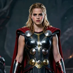 photorealistic art of Emma Watson as the mighty Thor, cinematic lighting, horror art, 8k, intricate detailing