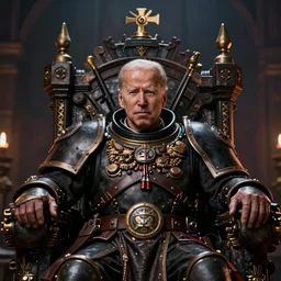 joe biden as the emperor of mankind from warhammer 4 0, 0 0 0, warhammer 4 0 k, decrepid on a throne, portrait