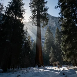 sequoia national park, winter, landscape, dramatic lighting, cinematic, rays of shimmering light, amoled, photo realism, ultra detailed, dark tones, slightly desaturated