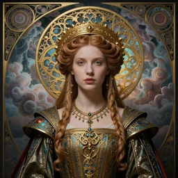beautiful young medieval queen by evelyn de morgan, iris van herpen, jean delville, james jean spiraling clouds, art nouveau, visionary, symbolist, detailed centered face portrait octane render, ornate garments iris van herpen, ornate gothic icon