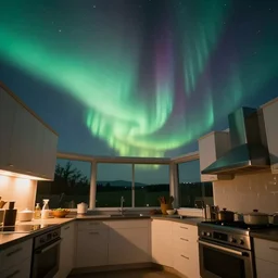 a photo of aurora borealis! localized entirely within a kitchen!!!, color photography, high quality, volumetric light, beautiful, 4 k