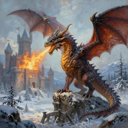 hyperrealistic fantasy oil painting, as a digital illustration, of a lifelike medieval dragon breathing fire upon a castle, as a dnd character, ultradetailed, surrounded by cold taiga, high readability, trending on artstation, dreamlike, art by brothers hildebrandt