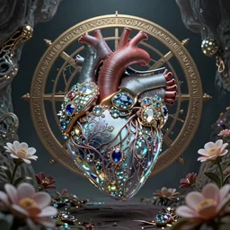 biocomputer heart in  intricate jewels and intricate branches,  on an epic  oroboros, behind a large and detailed sculpted astrolabe, inside a cave with  biomechanical flowers, dramatic atmosphere, Diffused lighting, highly detailed digital art, trending on artstation, depth of field