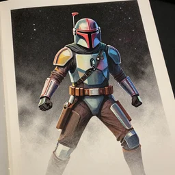 ( ( dither ) ), editorial illustration mandolorian, colorful modern, mads berg, karolis strautniekas, ( ( christopher balaskas ) ), fine texture, dynamic pose, detailed, matte print, muted color, lomography, dramatic lighting, ( ( risograph ) ), cosmic, fog, stars