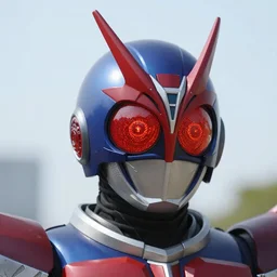 dragon inspired High Fantasy Kamen Rider Helmet, red and blue color scheme, 4k, glowing eyes, daytime, rubber suit