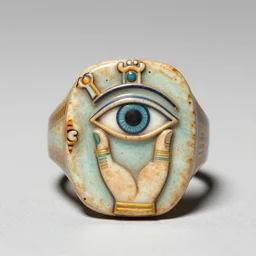 a marvellous Egyptian faience ring depicting a hand holding an eye. Metropolitan Museum of Art