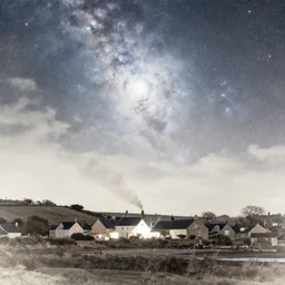 a beautiful double exposure of the astronomy picture of the day, nebula, a rural seaside village, landscape at night, soft white light, muted, neutral light, light blue tones, chimney smoke, long exposure clouds, watercolour