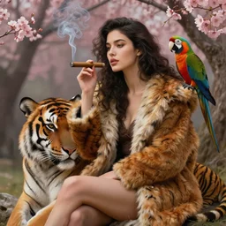 a beautiful goddess sitting on a tiger coat smoking a cigar with a colorful parrot, cherry tree in the background, professional photo, digital painting, unreal engine, octane render, 4 k wallpaper, intense, intricate brush stroke detail, beautiful, gorgeous