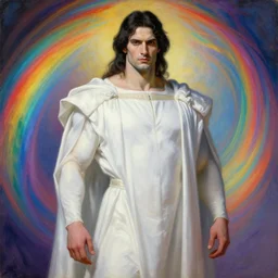 a tall, muscular man with dark hair and pale skin. he is wearing a white royal robe. i'm the background, rainbow colors swirl around him. chromatic light. portrait painting by artgerm and greg rutkowski and alphonse mucha.