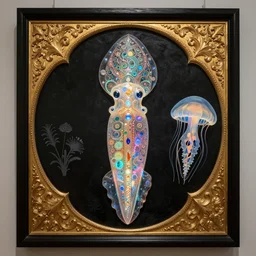 translucent ornate glowing rococo sea squid and jellyfish by Damien hirst in a gold and black Byzantine religious style