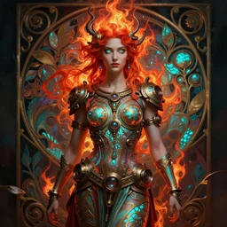 the goddess hestia, hair of fire, full body, steampunk, glowing eyes, volumetric lights, red and cyan theme, art nouveau botanicals, intricate, highly detailed, digital painting, artstation, concept art, smooth, sharp focus, cinematic, illustration, beautiful face, art by artgerm and greg rutkowski and alphonse mucha