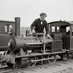 archive photograph, 1856, train conductor uses a 3d printer on a steam engine