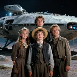 extremely sharply detailed, scan from blockbuster 9 6 k sci fi color movie freeze frame, set 1 8 6 0, family standing in front of crashed spaceship, on alien planet, looking happy, wearing 1 8 5 0 s era clothes, atmospheric lighting, in focus, reflective eyes, - 9 9 9 9 mm macro lens, live action, nice composition and photography, clear faces