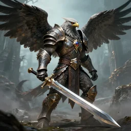 Aarakocra Eagle Warlord, epic armor,wielding longsword, epic character portrait, dnd commission,epic rpg artwork,4K, 8K, very detailed, trending on artstation